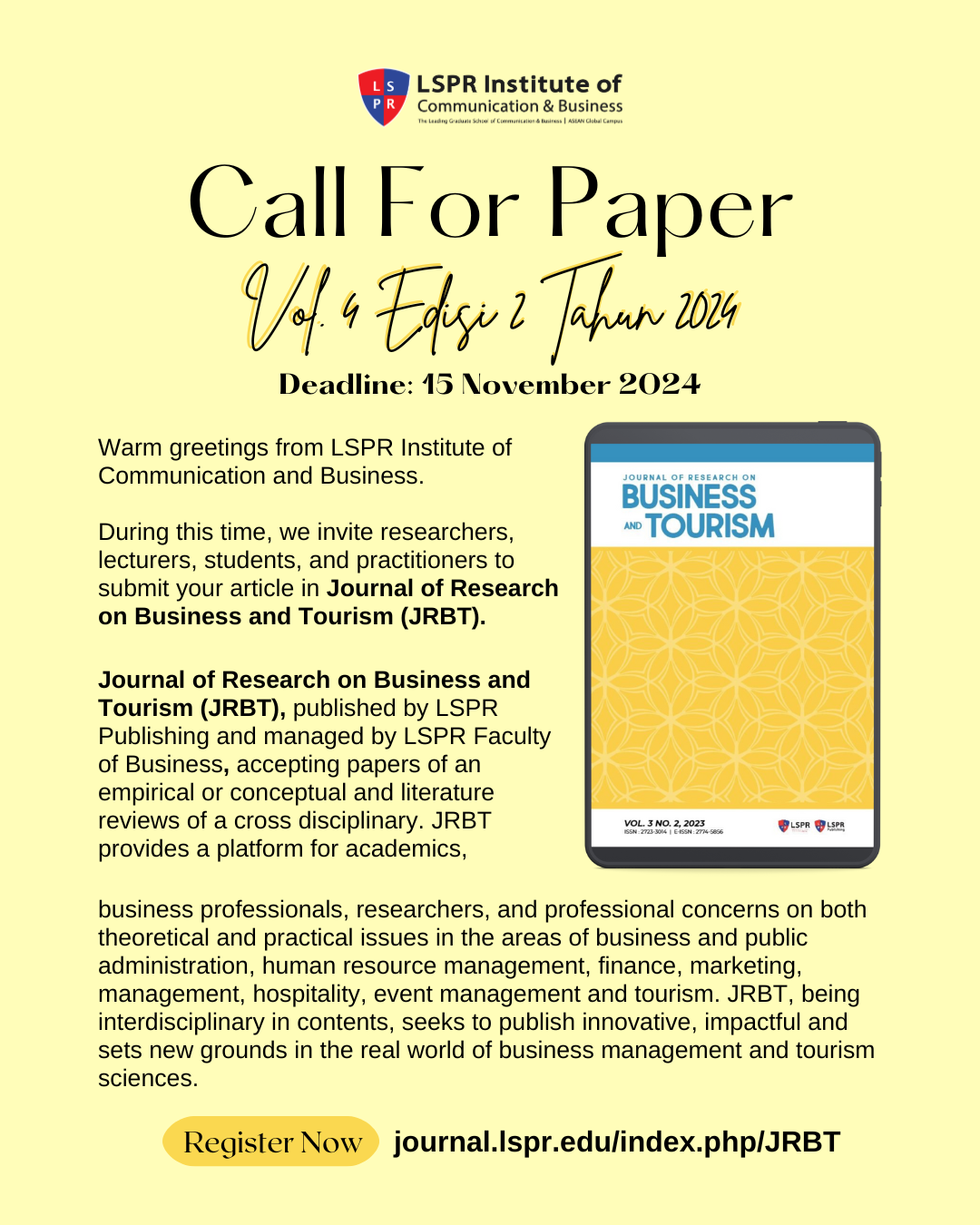 Call for Paper JRBT Vol. 4 No. 2, 2024